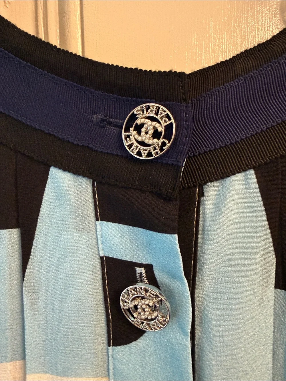 CHANEL silk navy, blue, and pinky Striped logo pleated dress with buttons